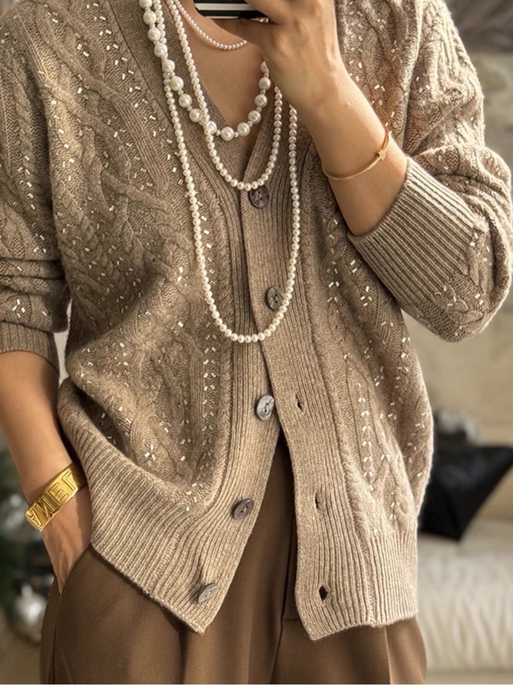 90% Cashmere and 10% Wool Designers Originals Taupe Button-Up Knit Cardigan